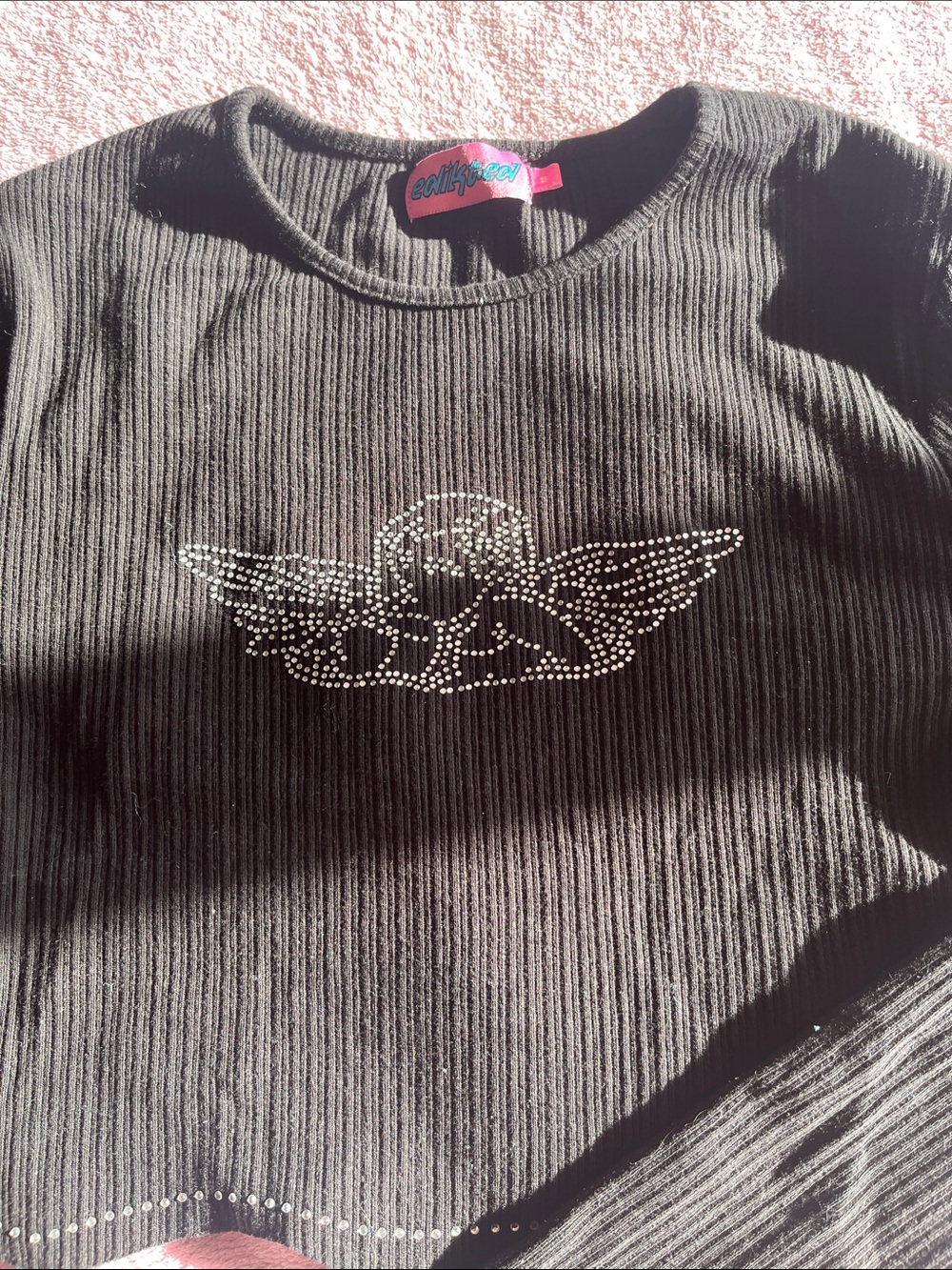Edikted Black Ribbed Tee with Rhinestone Wing Emblem